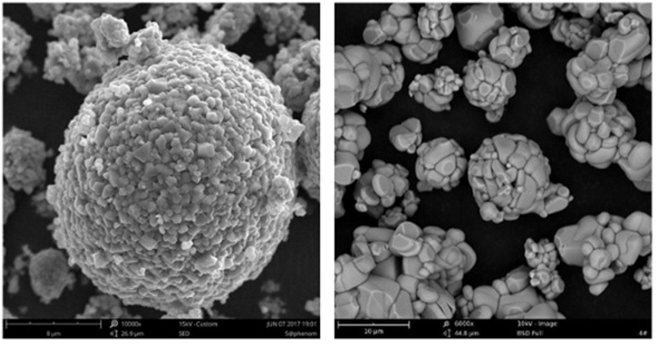 left and right: SEM images of raw powders used in the production of cathodes. SEMs are ideal tools for inspecting small particles in the range of micrometers or nanometers.