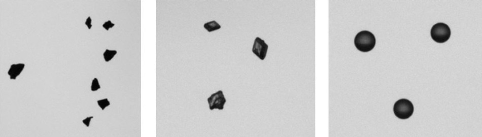 Example images from CAMSIZER measurements: activated carbon (left), sugar crystals (middle), and expandable polystyrene beads (right).