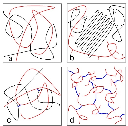 Schematic diagrams of different polymer molecules. a: Amorphous thermoplastic. The two macromolecules are shown in different colors in order to distinguish them more easily. b: Semicrystalline thermoplastic. In the center of the diagram is a chain folded crystallite. The remainder of the molecule and the red colored molecule are not able to crystallize because of the randomly occurring side groups. c: Elastomer. The two macromolecules are linked at two points (colored blue). d: Thermoset. The red molecules (resin) are three-dimensionally crosslinked by the blue curing agent.