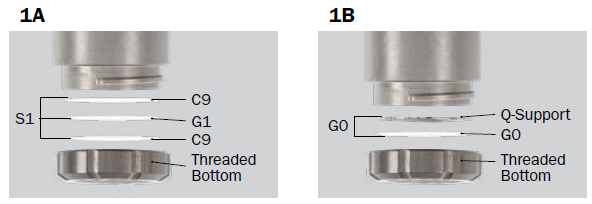 Positioning of the G1 and C9 Q-Discs, used in the extraction of the non-hydrolyzed samples (A) and the positioning of the Q-Support and G0 Q-Disc, a combination called G0 used in the extraction of the hydrolyzed samples (B).