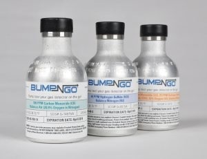 Bump-N-Go cylinders are designed to simplify bump testing for mobile workers or those who do not have access to a docking station. The miniature cylinders are only 3.8 inches (97 mm) tall and provide up to 250 bump tests when using the corresponding pushbutton regulator. The cylinders have a one-year shelf life and are available for single-gas CO and H2S instruments as well as standard 4-gas (CO, H2S, O2, LEL) instruments.