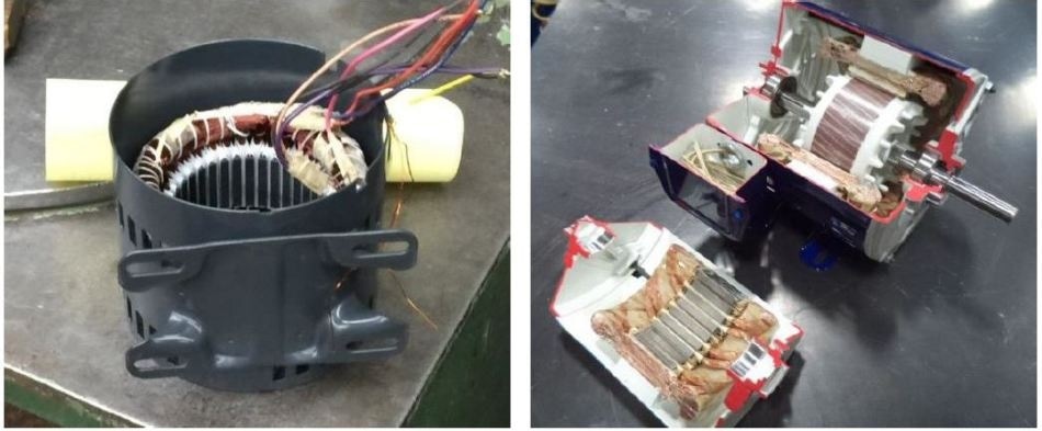 Test motor used for evaluation of Zeus PEEK insulation products: Left: Original stator prior to head removal and stripping. Right: New insulation system cut-away.