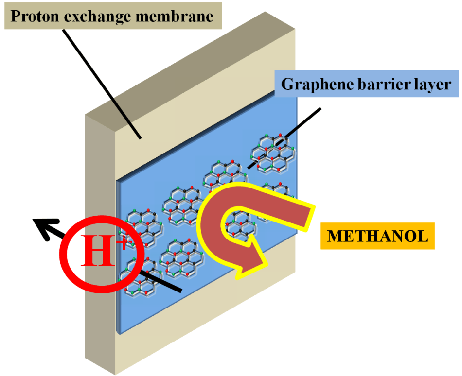 Schematic showing proton transport through the membrane region of a methanol fuel cell.