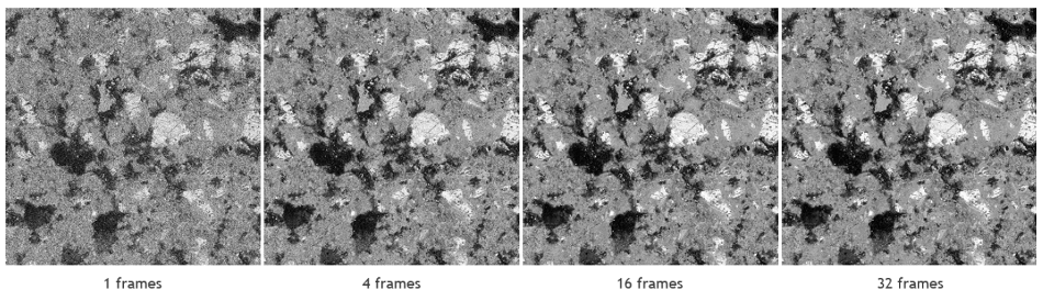 BSE images of the same area acquired with the same beam settings with different number of integrated frames, from 1 to 32.