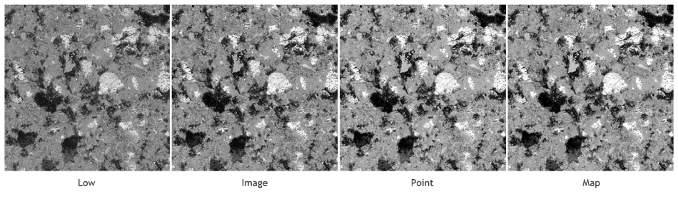 BSE images of the same area acquired with the same beam voltage and number of integrated frames, at different beam intensities: low, image, point and map.