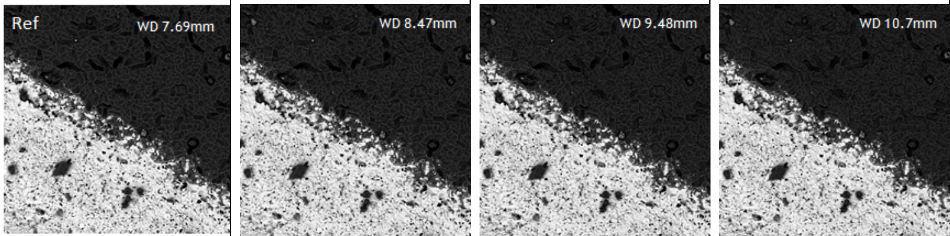 On the left, the reference image is taken at a working distance of 7.69 mm. The other three images of the same area are taken with the same beam settings at different working distance (8.47mm, 9.48mm and 10.7mm). The horizontal field of view in the four micrographs is 179 µm.