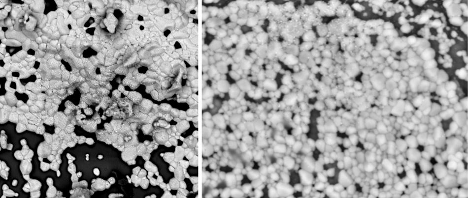 Image from TiO2 powder made with CeB6 system | Image from TiO2 powder made with Tungsten system.