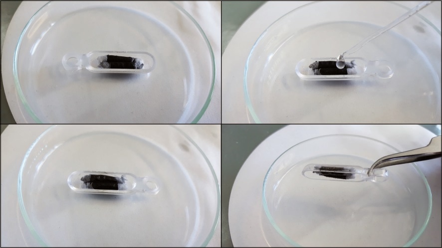 Top left: Extruded activated charcoal in the sample boats, Top right: Wetting with two drops of glycerol. Bottom left: wet activated charcoal. Bottom right: after wetting the activated charcoal with glycerol, it does not fall out of the sample boat even when turned upside down. This effect persists for about 24 hours.