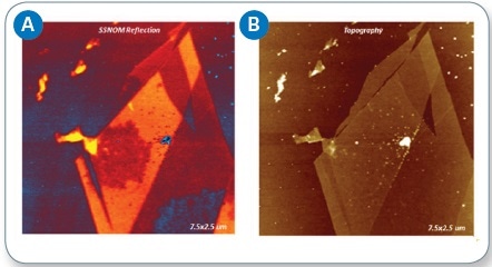 (a) AFM height image of exfoliated graphene, and (b) s-SNOM reflection image, showing nanocontamination (dirt).