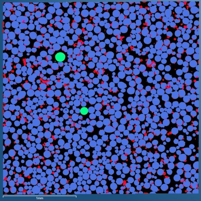 Particle image of complete powder sample, colour coded by class: Small Particles – Red, Large Particles – Blue and Tungsten Particles - Green.