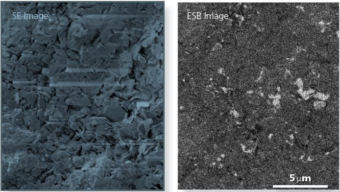 Secondary Electron image shows at 1.5 kV sample charging is reduced to a level where imaging the sample surface of BN is possible. In-lens Backcatter (ESB) highlights the presence of particles of higher mean atomic number on the sample surface.