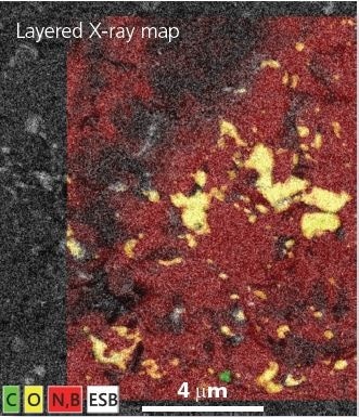 Layered X-ray map on ESB image showing oxide (yellow) and carbon (green) particles on BN substrate (red). 6 minute map acquisition, 1.5 kV, 3,500 cps.