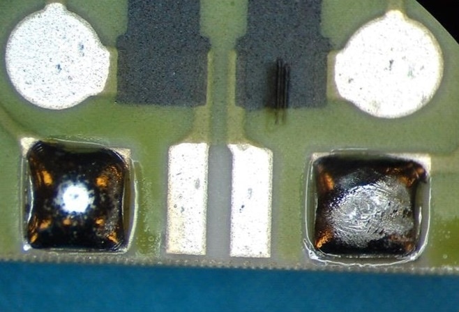 Examples of a Pb-containing solder joint (left) and a typical finished surface of a Pb-free solder joint (right).