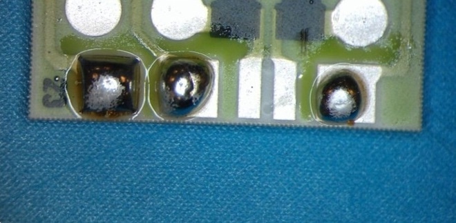 Example of good solder joint (left) and bad solder joints (middle and right).