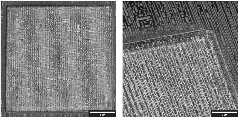 (Left) Overview of delayered area (20 × 20 µm2) down to via contact layer. (Right) Detail showing smooth polished walls.