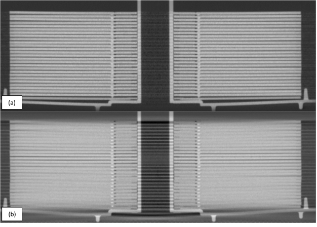 (a) vorteX scan performed on a stack of CDs. (b) Conventional cone beam scan performed on the same set of CDs. The vorteX scan provides a much crisper definition of the edges of the CDs.