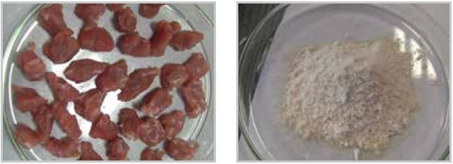 Pieces of meat before and after cryogenic grinding.