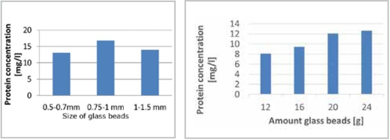 Optimization of cell disruption in the MM 400. Using a bead size range from 0.75 to 1 mm results in highest protein concentration (left); the protein concentration is influenced by the number of beads (right).