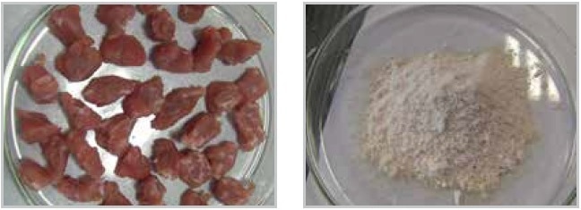 Pieces of meat before and after cryogenic grinding.