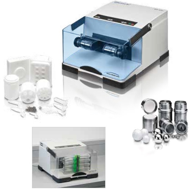 Mixer Mill MM 400 with adapter for 8 x 50 ml conical centrifuge tubes (below) and various accessories, for example, adapters for single-use reaction vials (left), grinding jars, and grinding balls (right).