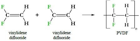 PVDF immediate precursors and synthesis. One canonical means of synthesizing PVDF is via a radical reaction joining vinylidene difluoride monomers.