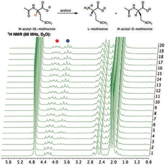 Stacked plot of 1H NMR spectra of the hydrolysis of N-acetyl-DL-methionine by porcine acylase to produce L-methionine.