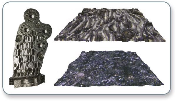 True color image of a manufactured metal part (left), courtesy of Volum-E, France; and 3D rendering of topographies (0.7x0.7 mm²) with color map overlays of an aluminum powder (top right) and an Inconel powder (bottom right).