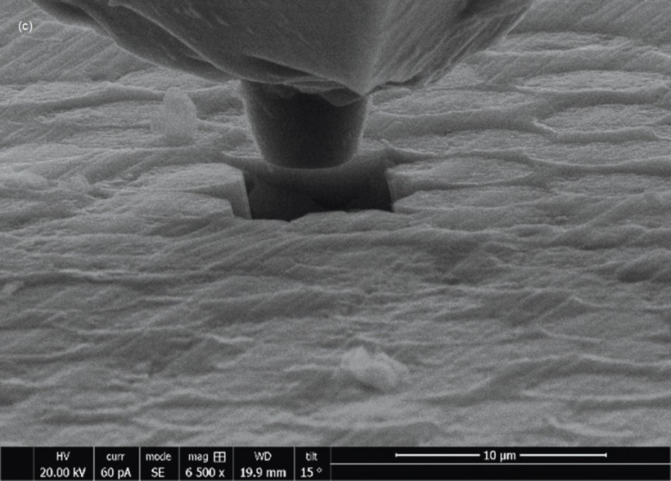 (a) Low-magnification SEM image of a sample clamped to a substrate; (b) pre- and (c) post-images of a fiber push-out test.