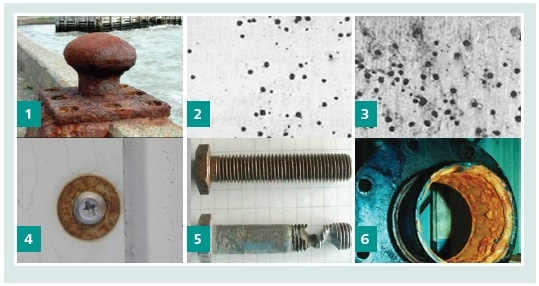 Different types of corrosion: 1. Uniform corrosion 2. and 3. Pitting corrosion 4. Galvanic corrosion 5. Crevice corrosion 6. Microbiologically induced corrosion