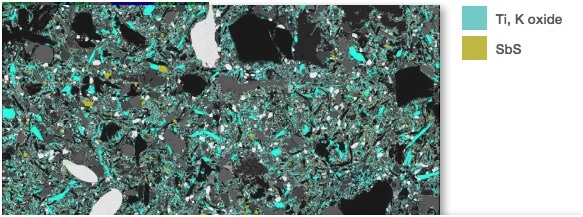 Phase overlays of a Ti, K oxide ceramic shown in cyan, and SbS particles (shown in gold) overlaid on the micrograph.