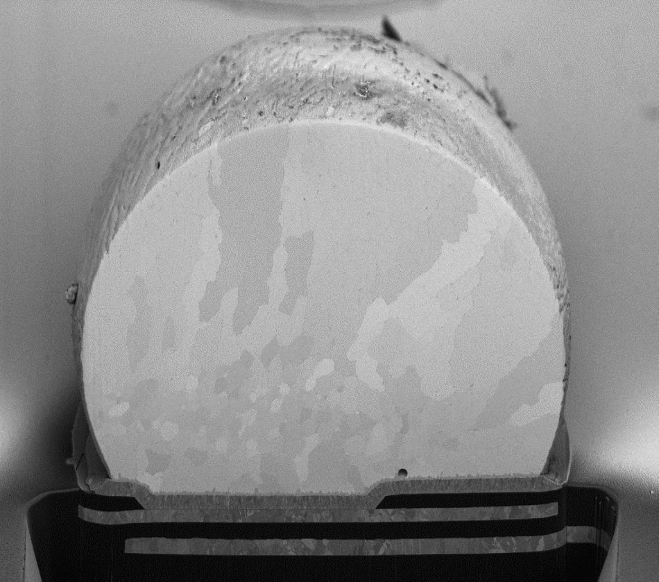 SEM image of solder ball cross-section taken at 2 keV using BSE detector showing excellent material contrast