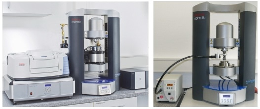 left: HAAKE MARS rheometer with Rheonaut module and FTR spectrometer; right: HAAKE MARS rheometer configuration for UV curing measurements incl. temperature control.