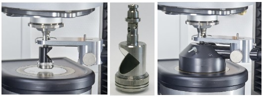 left: measuring geometry and adapter for mounting and adjusting the collimator and light guide; middle: upper shaft with integrated mirror; right: holder for collimator plus closed hood.