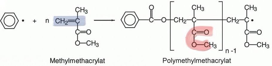 Radical polymerization of Methylmethacrylate (MMA) to Polymethylmethacrylate (PMMA). Marked in blue: