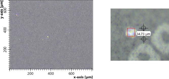 800 x 800 µm cutout of a drinking water filter (left) and magnified particle together with its size and the fitted aperture (right; red box).