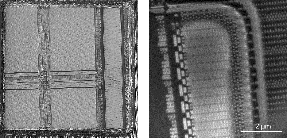 Gas-assisted delayering of a 10 nm node process with Xe plasma FIB. (Left) Overview of a 100 × 100 µm² delayered window (Right) Layer of interest imaged at 200 eV.