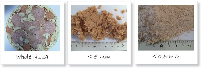 From left to right: a whole pizza; sample after grinding to coarse particles <5 mm; fully homogenized sample with particle sizes <0.5 mm