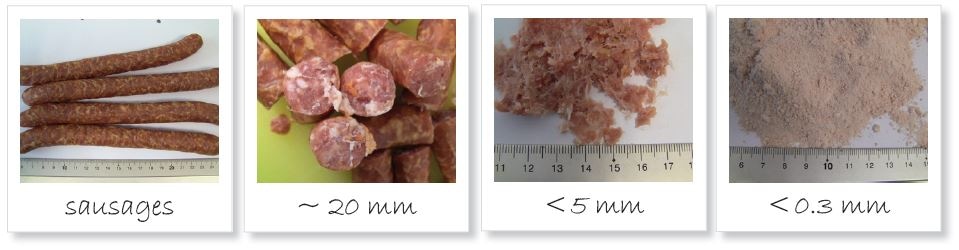 Homogenization of sausages; from left to right: original sample; pre-cut with large fatty parts; ground to <5 mm; pulverized sample <300 µm