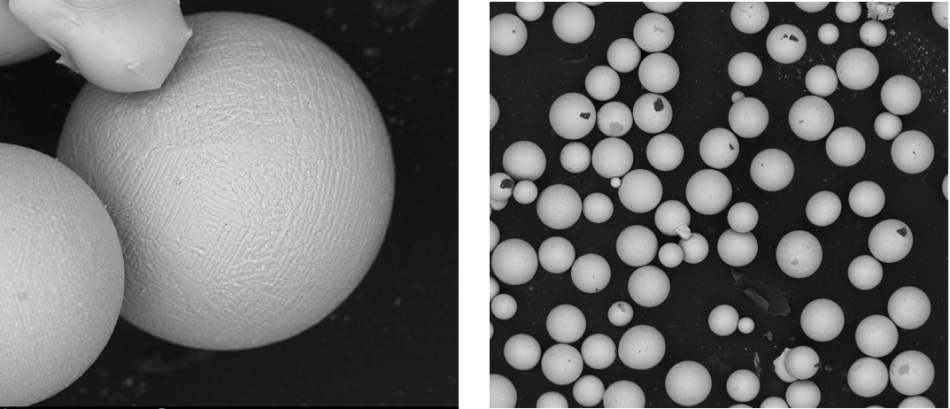 Images of particles. A close-up of a particle (left) shows the surface topography (FOV=92.7 µm). A larger field of view (right) enables more particles to be imaged (FOV=µm)