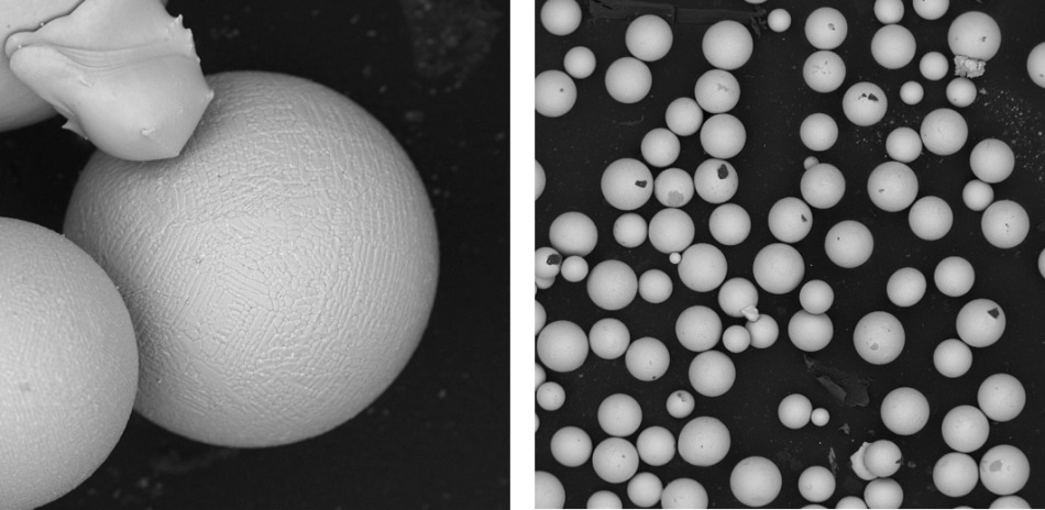 Images of particles. A close-up of a particle (left) shows the surface topography (FOV=92.7 µm). A larger field of view (right) enables more particles to be imaged (FOV=µm).