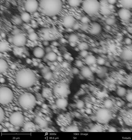 Image acquired with wrong stigmation settings. The image appears blurry and the particles (supposedly spheres) slightly deformed.
