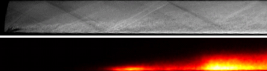 (Above) Schlieren image of the flow in the HyShot II combustion chamber near the injection location (seen at the bottom left corner) for steady combustion conditions. (Below) OH* chemiluminescence image of the same region.