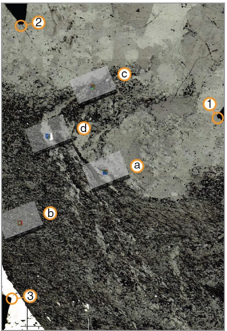 While optical microscope images are not required to use the features of the Correlate module, this inVia white light montage of the dissolution layer in the mineral section was generated and, by matching the microscope’s coordinate systems with the Correlate module, overlaid with SEM and Raman images (seen in Figure 4) of each analysed position (a – d). Specific points on the reference makers (1 – 3) were used to transform coordinates between the SEM and the inVia system at a high precision.