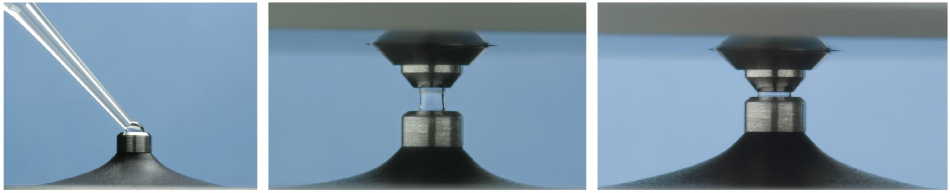 NanoDrop Microvolume Sampling platform Left: Loading of a 1 µL sample on the measurement pedestal Middle: Sample measurement at 1 mm pathlength Right: Sample measurement at 0.2 mm.