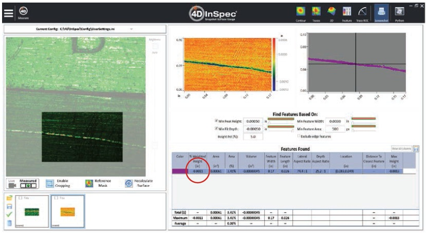 Direct measurement showing bright-field image of scratch (left picture), false-color height map from measurement (center picture) and automatic defect finding and analysis (upper right picture and table below).