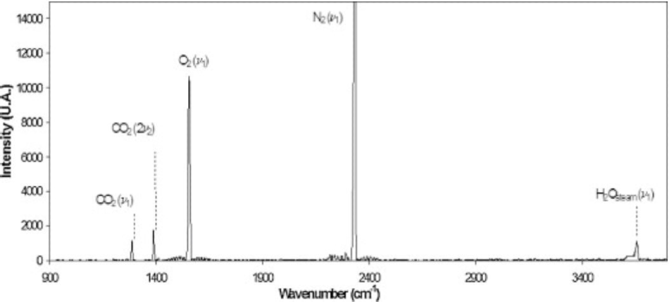 A typical Raman spectrum measured at the site in this study. Key peaks: H2O vapor (3657 cm-1), N2 (2331 cm-1), O2 (1555 cm-1), and CO2 (Fermi dyad at 1388 and 1285 cm-1). (Reprinted with permission from Reference 1. © 2013 Elsevier).