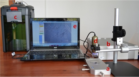 MHT equipment for in situ analysis of shrinkage activity used at ARCH Lab, INCDTP-ICPI, Bucharest. (a) micro heating plate (Linkam LTS 120); (b) temperature controller; (c) water circulator; (d) digital microscope; (e) computer with image MHT software.