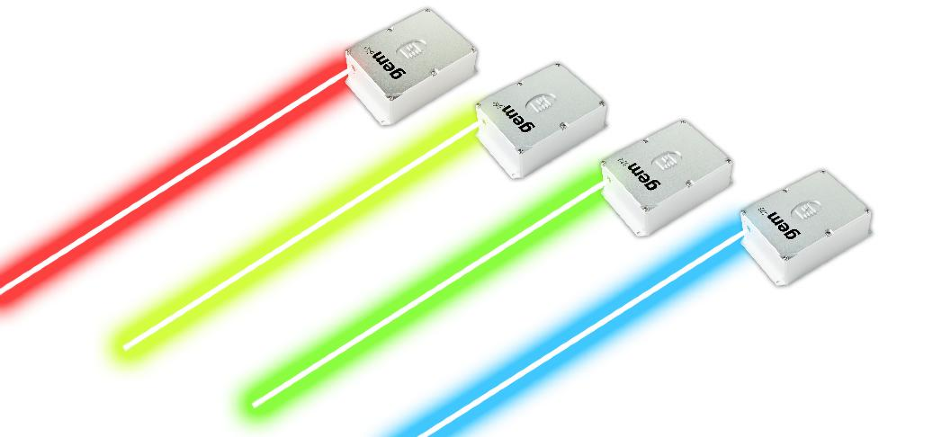 The Laser Quantum gem laser series with its 4 most popular wavelength (473, 532, 561 and 640 nm).