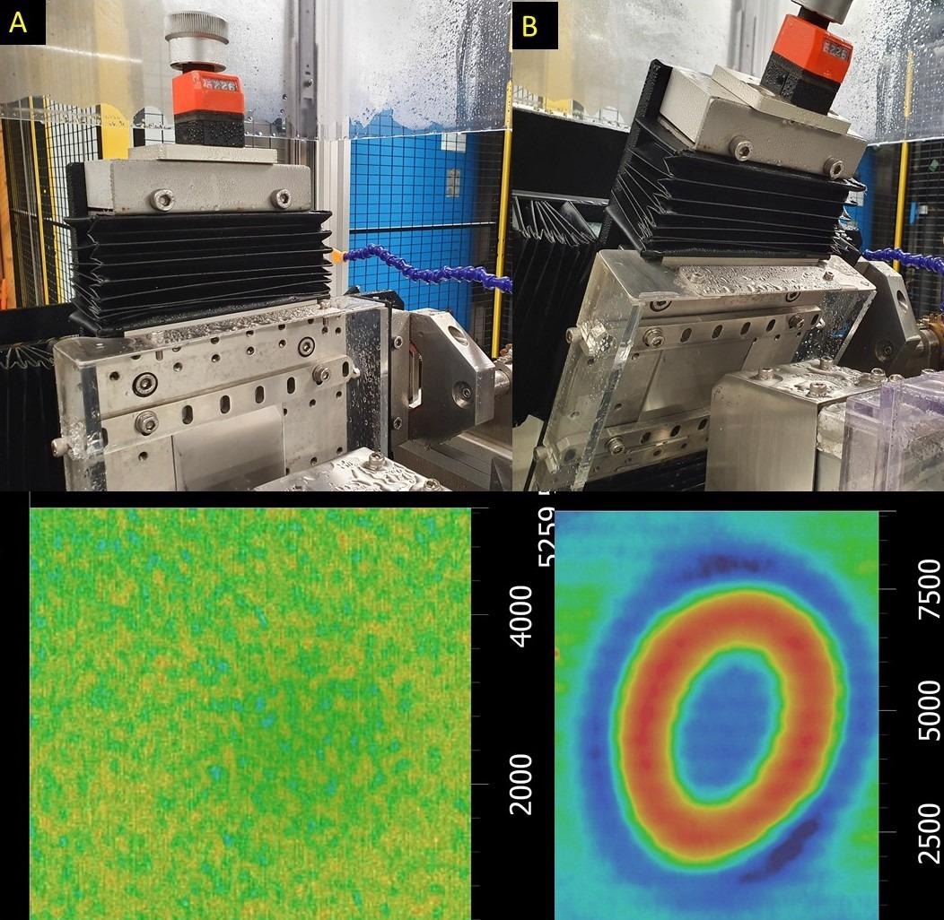 Ducom Water Droplet Erosion Tester with test specimen at 90o (A) and 60o (B) to the liquid droplets shot from the droplet generator. The surface topography image shows no signs of wear on the specimen at 90o, where as there is a severe plastic deformation on the same specimen at 60o.