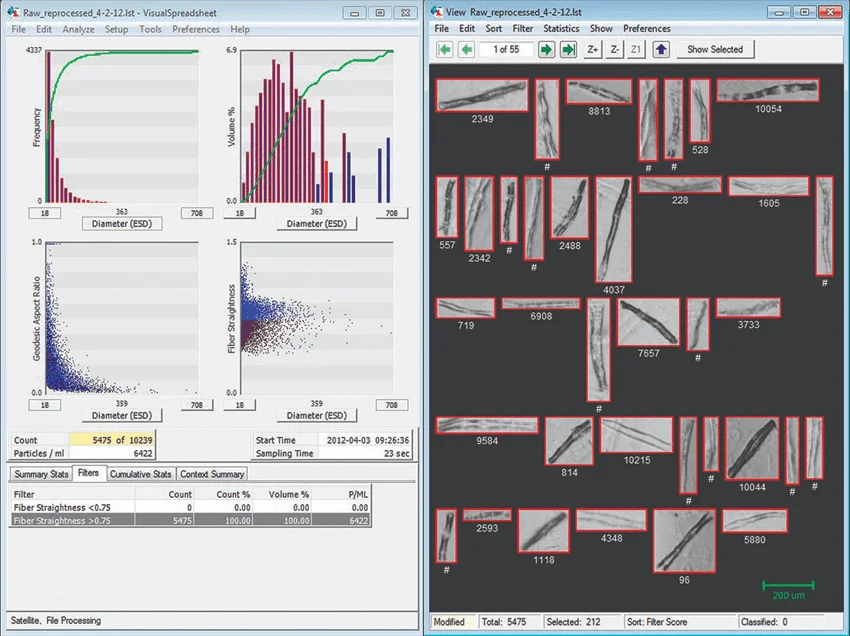 Screenshot of FlowCam analysis of fibers, with images on right representing those with Fiber Straightness >0.75.